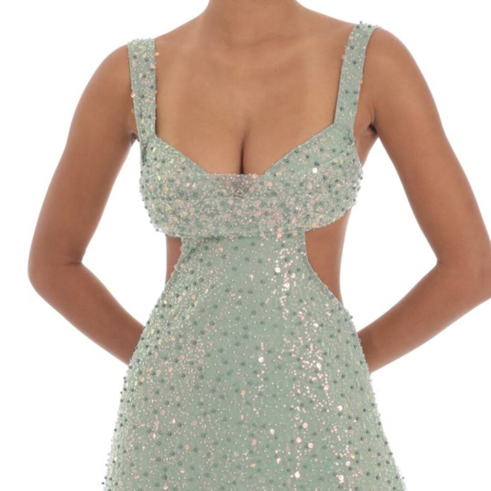 Lucy in the Sky Sequin Pearl Cutout Dress in Green